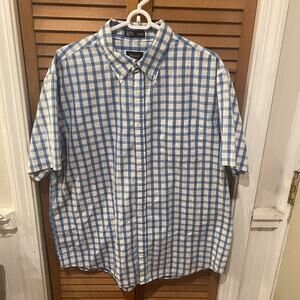 Men's Haggar XL collared Blue White Check Short Sleeve Button down shirt pocket